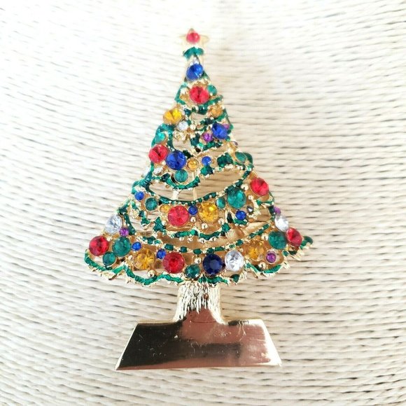 Christmas Tree Brooch Pendant Multi Color Rhinestones - Picture 8 of 12